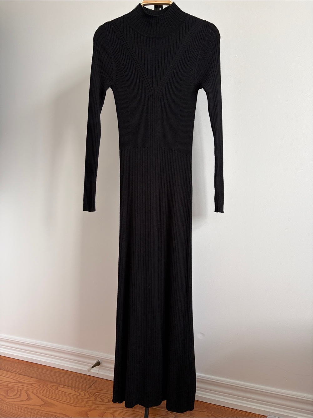 LK Bennett 100% Merino Wool Black Ribbed Long-Sleeve Knit Maxi Dress Small